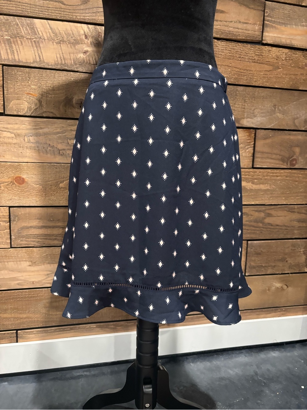 LOFT Navy Diamond-Print Ruffle Hem Skirt